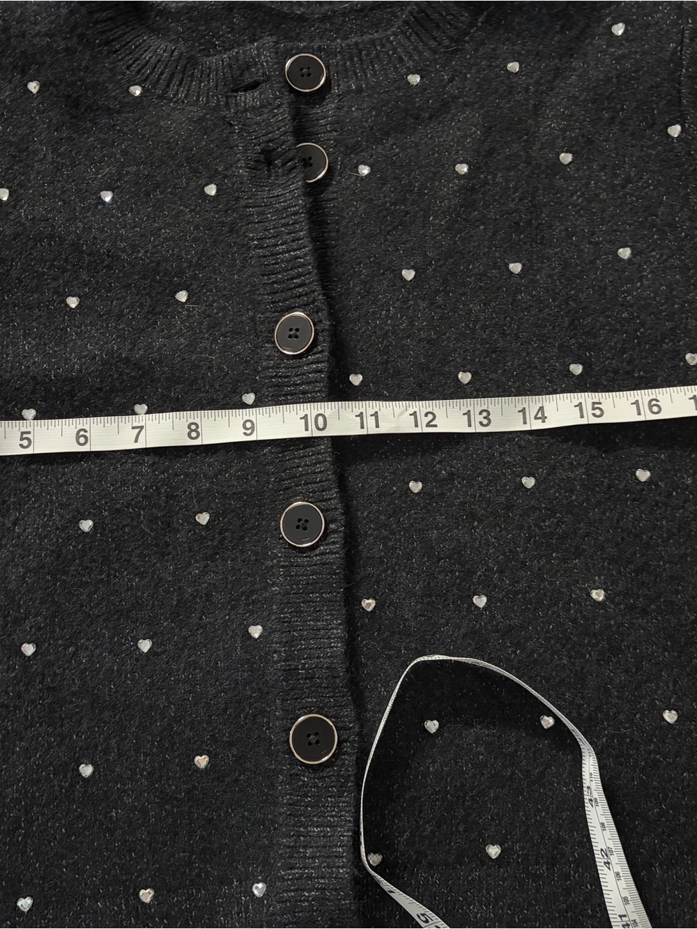 Black button up fall/winter Cardigan with sparkly Heart Rhinestone detail - Picture 7 of 8